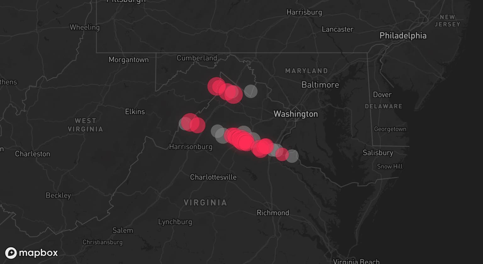 Storm map for 10 areas across Virginia and West Virginia