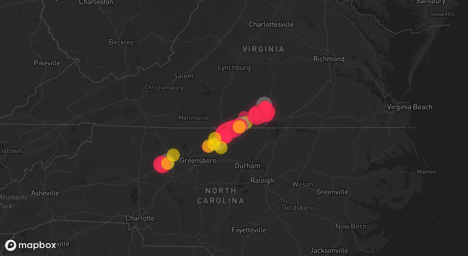 Storm map for 5 areas across North Carolina and Virginia