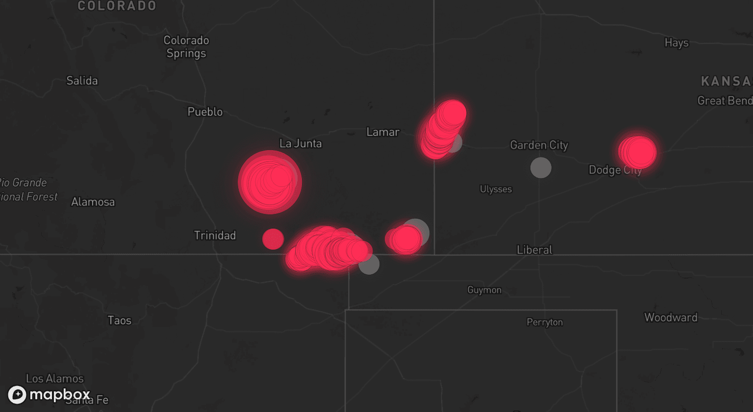 Storm map for 7 areas across Colorado, Oklahoma, and Kansas