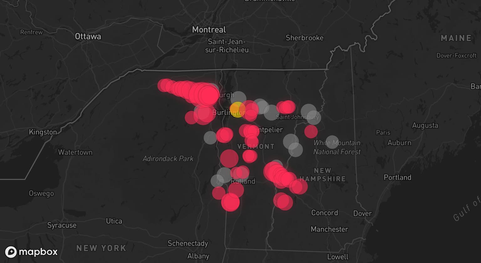 Storm map for 16 areas across New York, Vermont, and New Hampshire