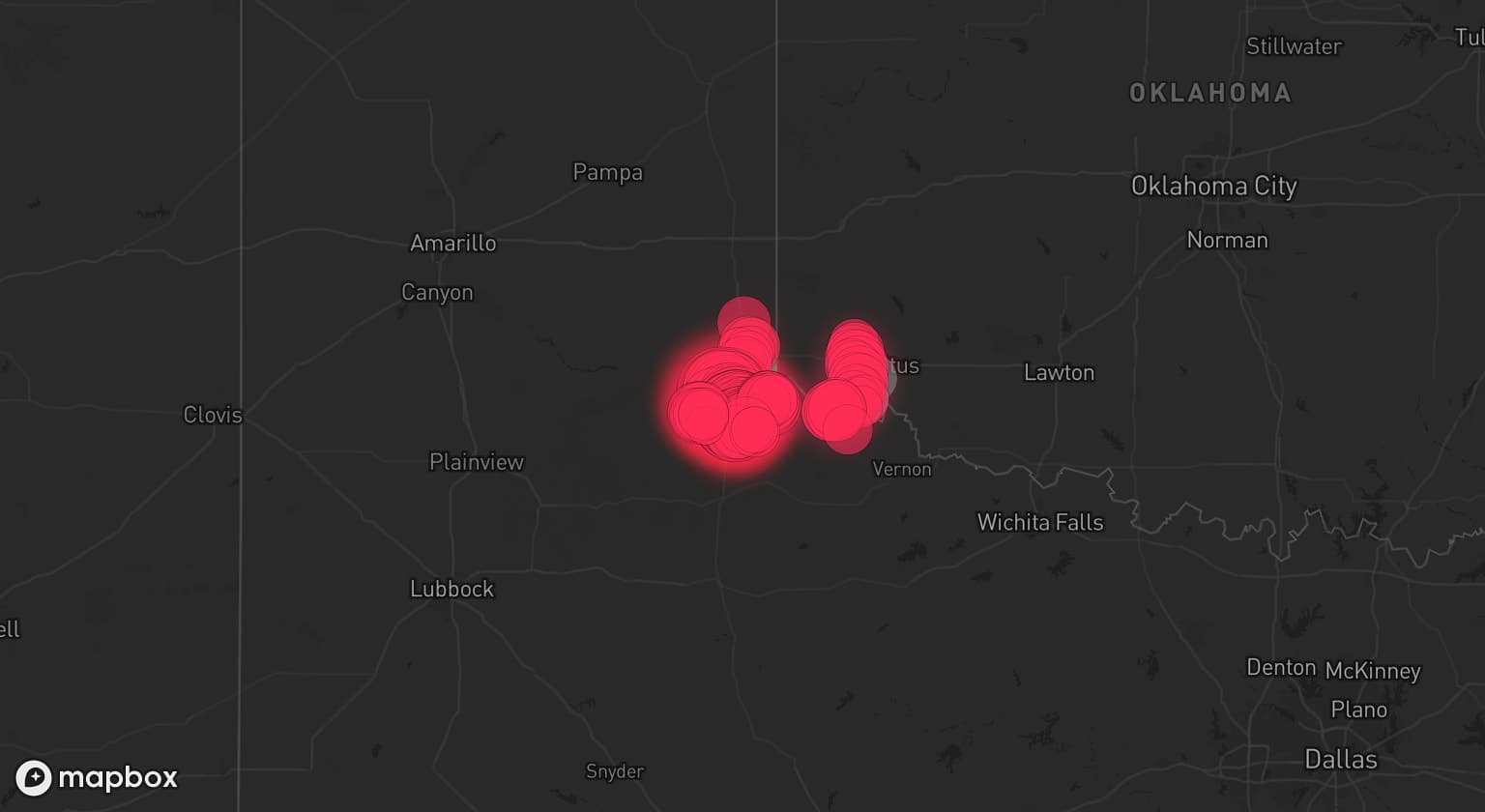 Storm map for 2 areas across Oklahoma and Texas