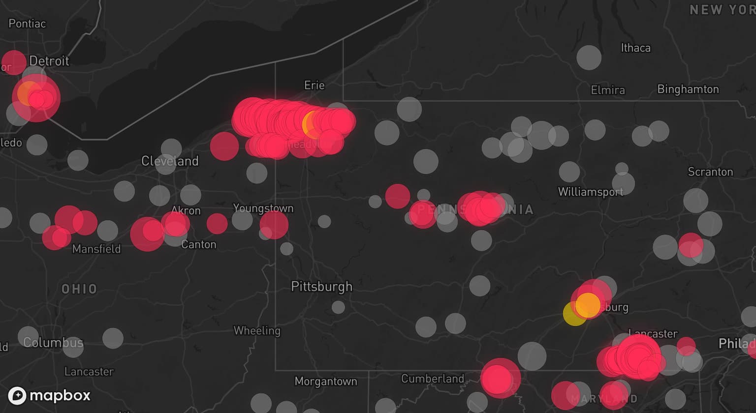 Storm map for 80 areas across Pennsylvania, Michigan, New York, Ohio, Maryland, West Virginia, and New Jersey