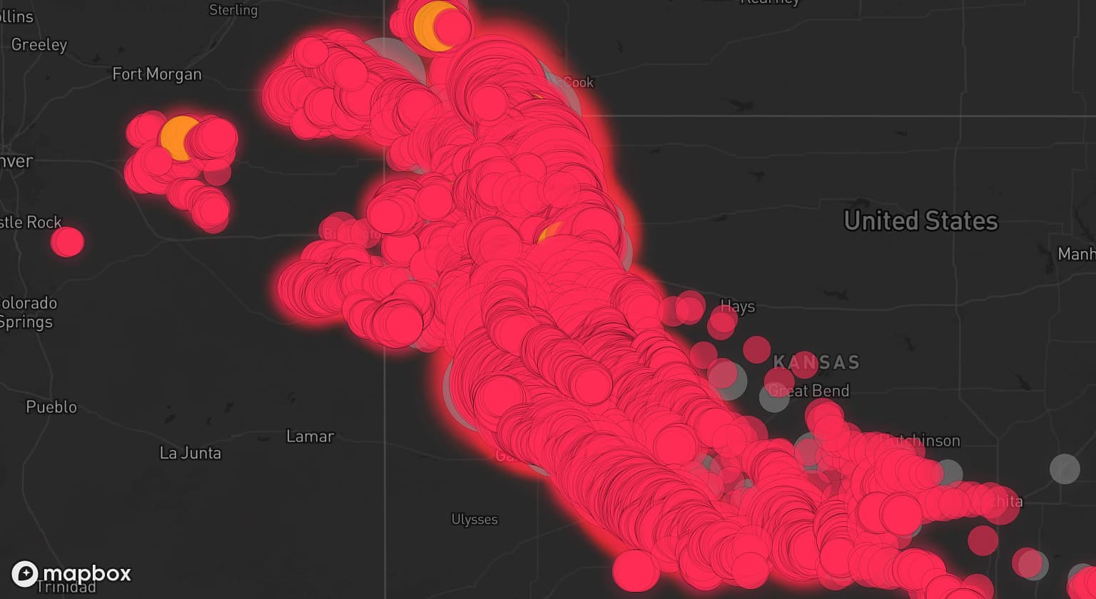 Storm map for 62 areas across Nebraska, Kansas, Colorado, Missouri, and Oklahoma