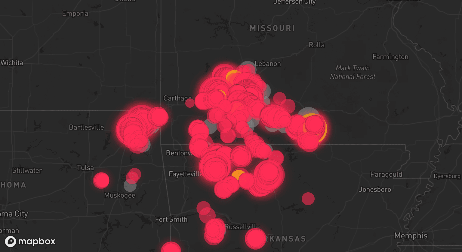 Storm map for 26 areas across Missouri, Arkansas, and Oklahoma