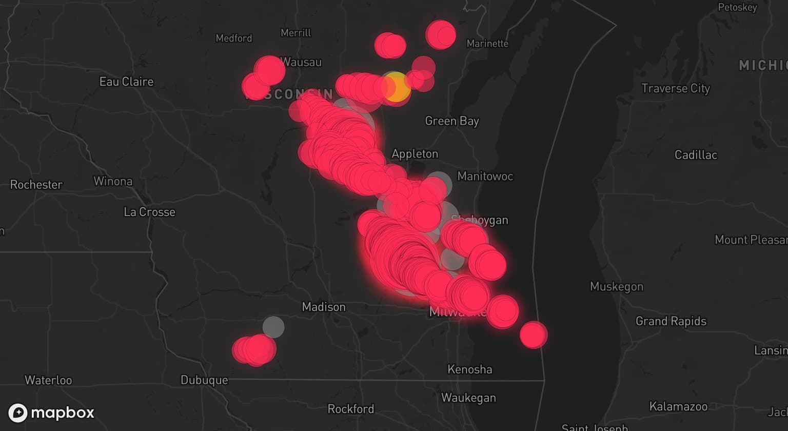 Storm map for 19 areas across Wisconsin