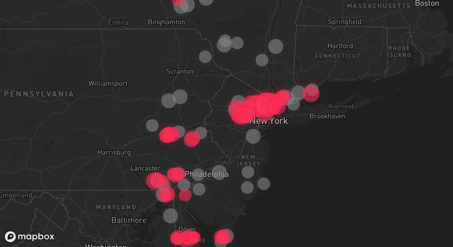 Storm map for 44 areas across New York, New Jersey, Connecticut, Pennsylvania, Maryland, and Delaware