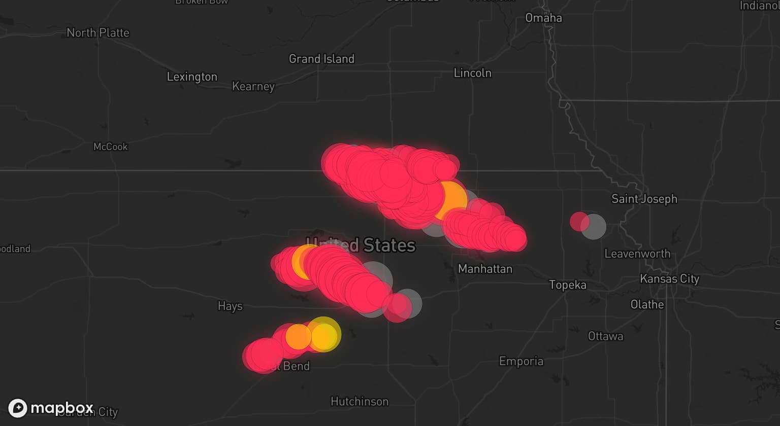 Storm map for 27 areas across Kansas and Nebraska
