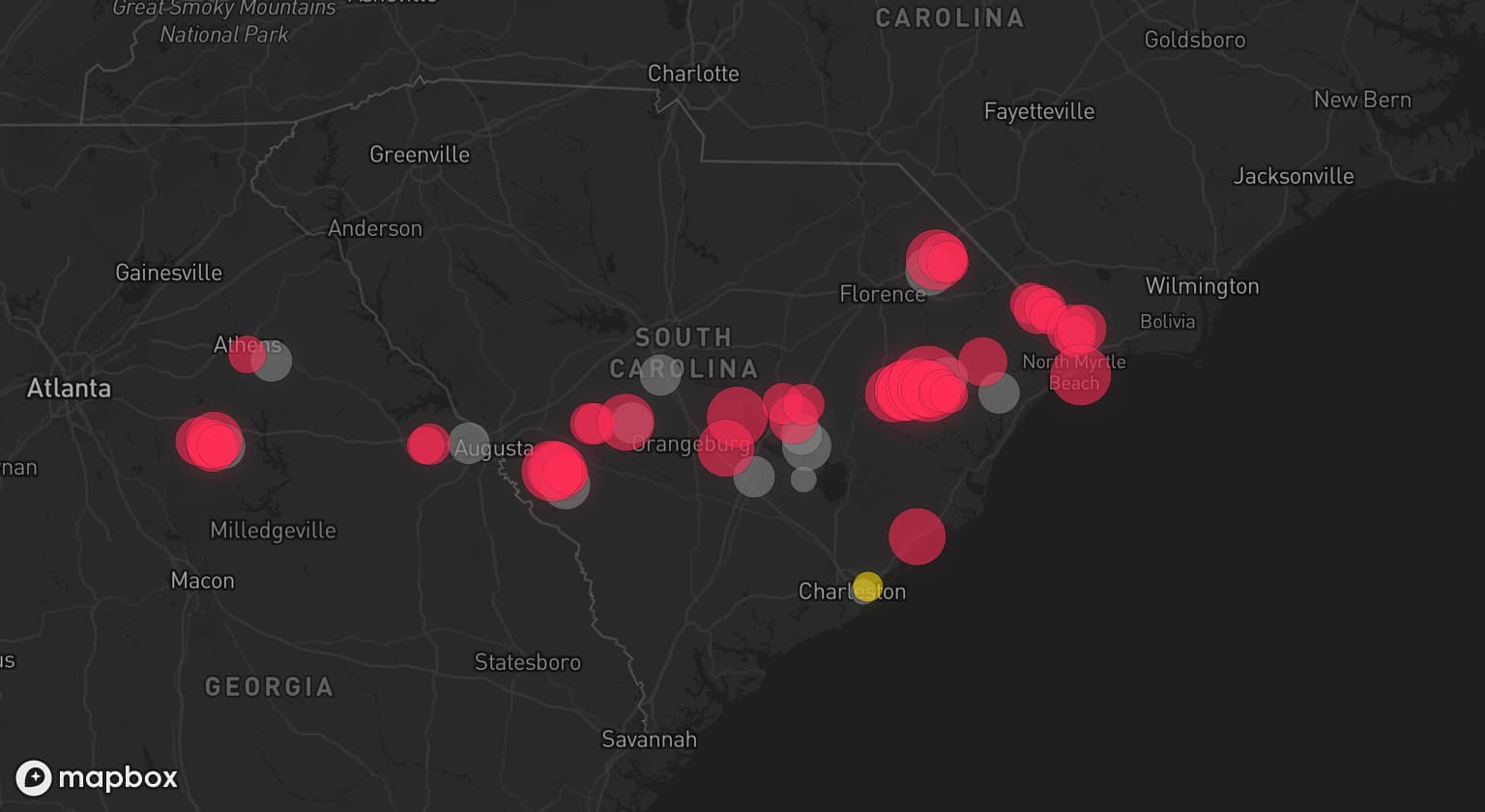 Storm map for 14 areas across South Carolina and Georgia