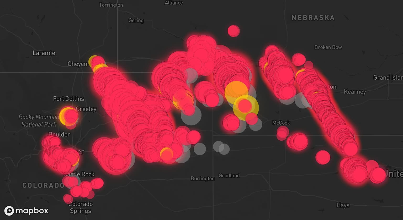 Storm map for 46 areas across Nebraska, Colorado, Kansas, and Wyoming