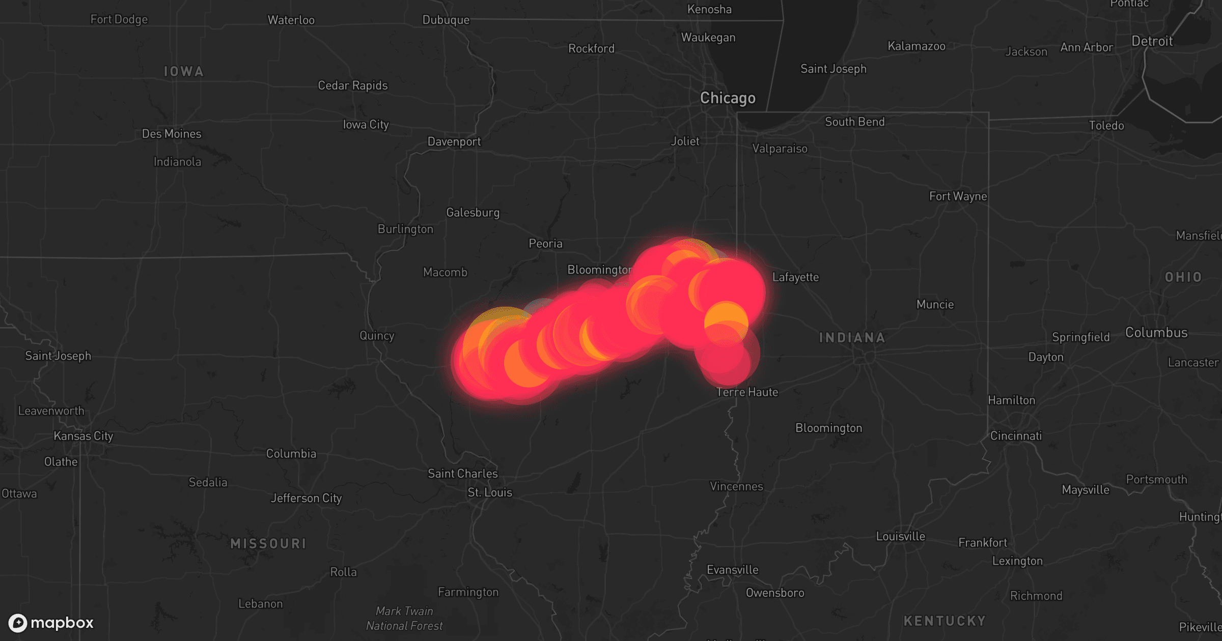 Storm map for 25 areas across Illinois and Indiana
