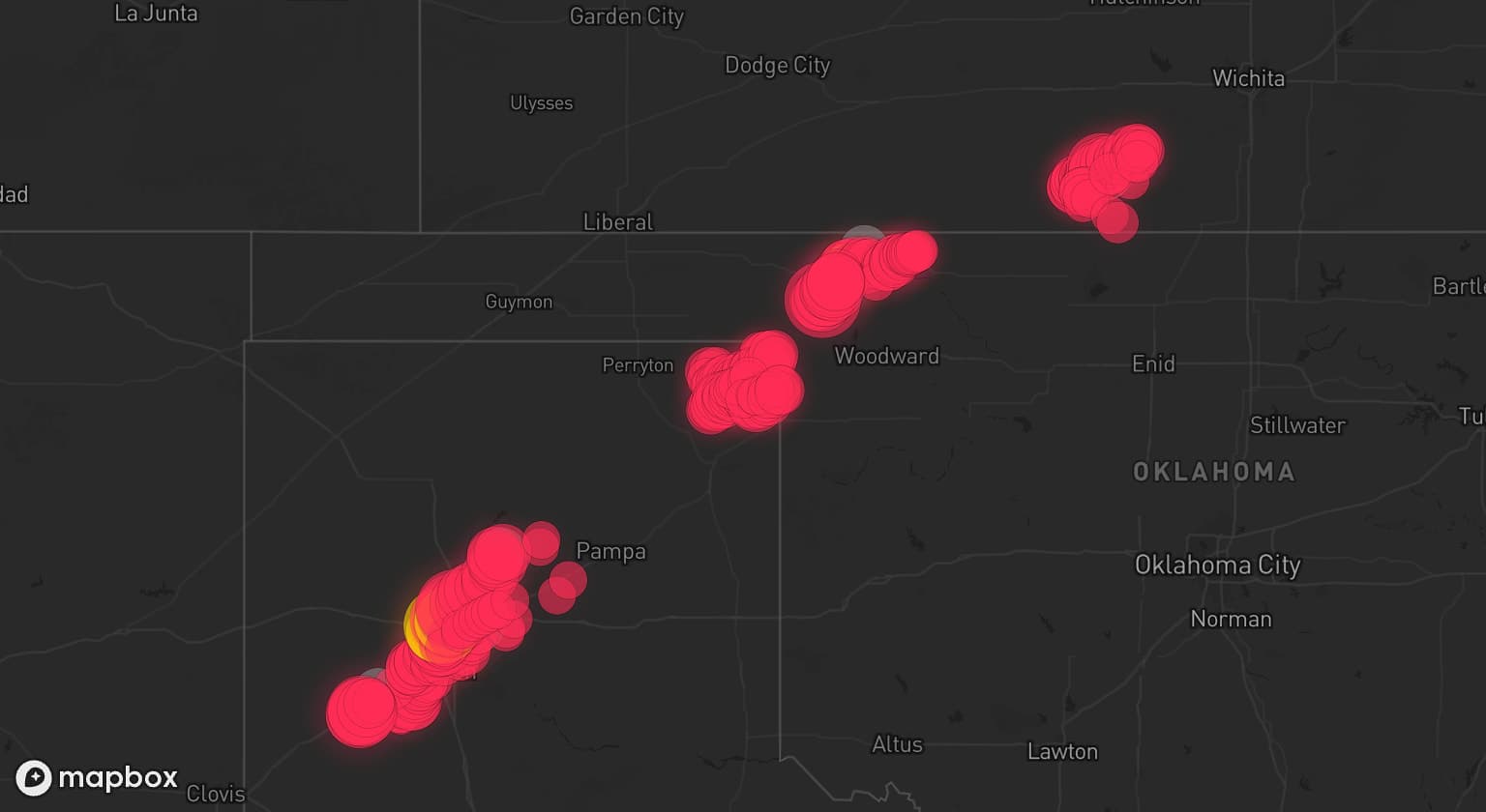 Storm map for 6 areas across Texas, Kansas, and Oklahoma