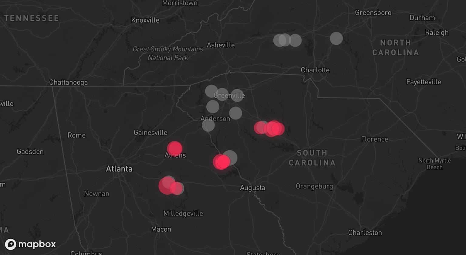 Storm map for 17 areas across South Carolina, North Carolina, and Georgia