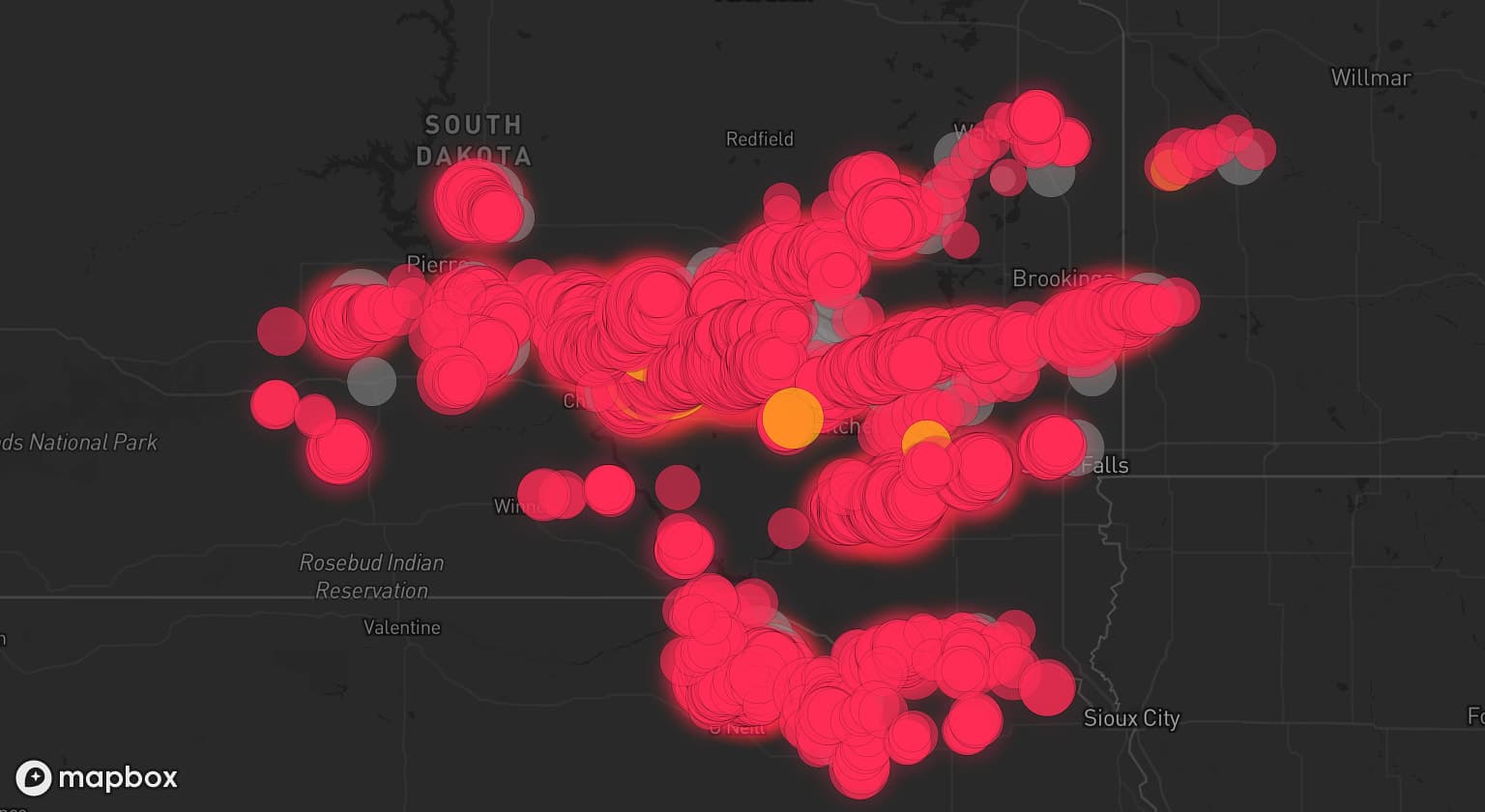 Storm map for 45 areas across South Dakota, Nebraska, and Minnesota