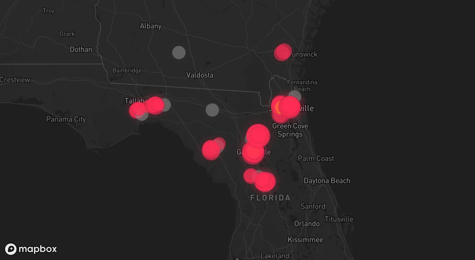Storm map for 9 areas across Florida and Georgia