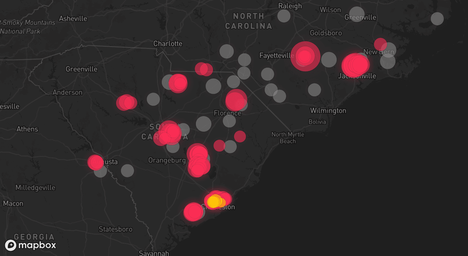 Storm map for 36 areas across North Carolina, South Carolina, and Georgia