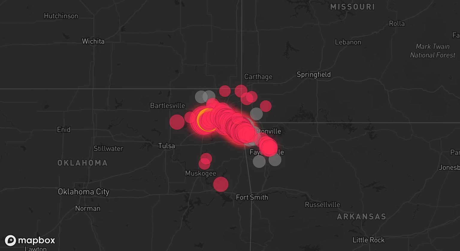 Storm map for 10 areas across Oklahoma, Arkansas, and Missouri