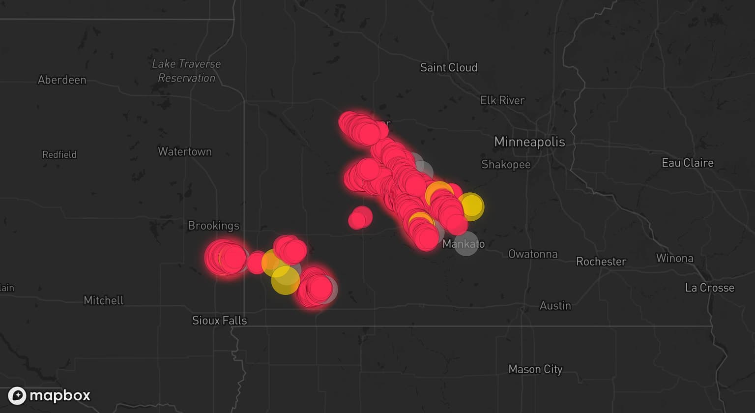 Storm map for 11 areas across Minnesota and South Dakota