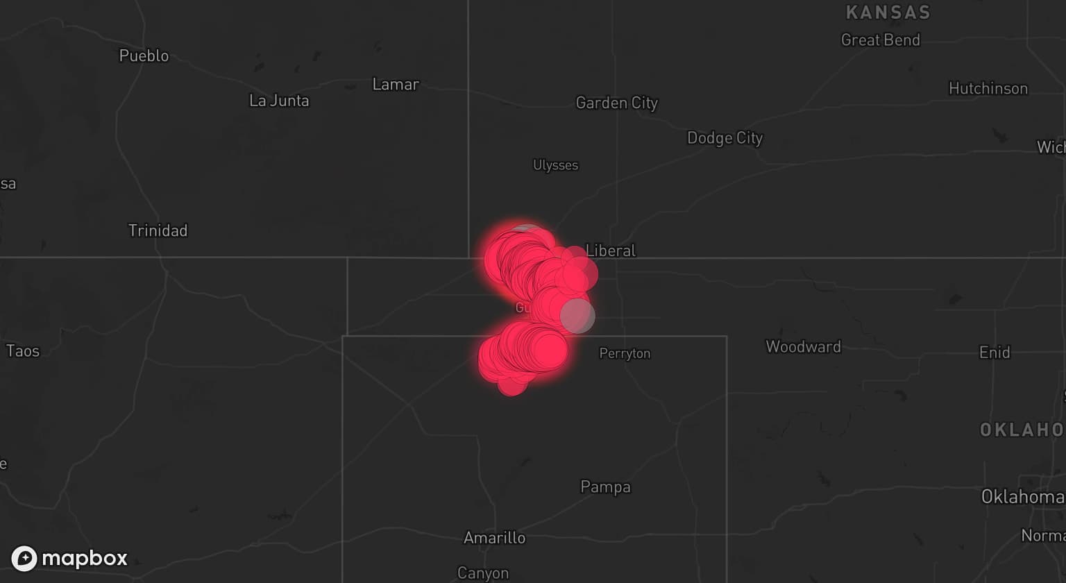 Storm map for 4 areas across Kansas, Oklahoma, and Texas