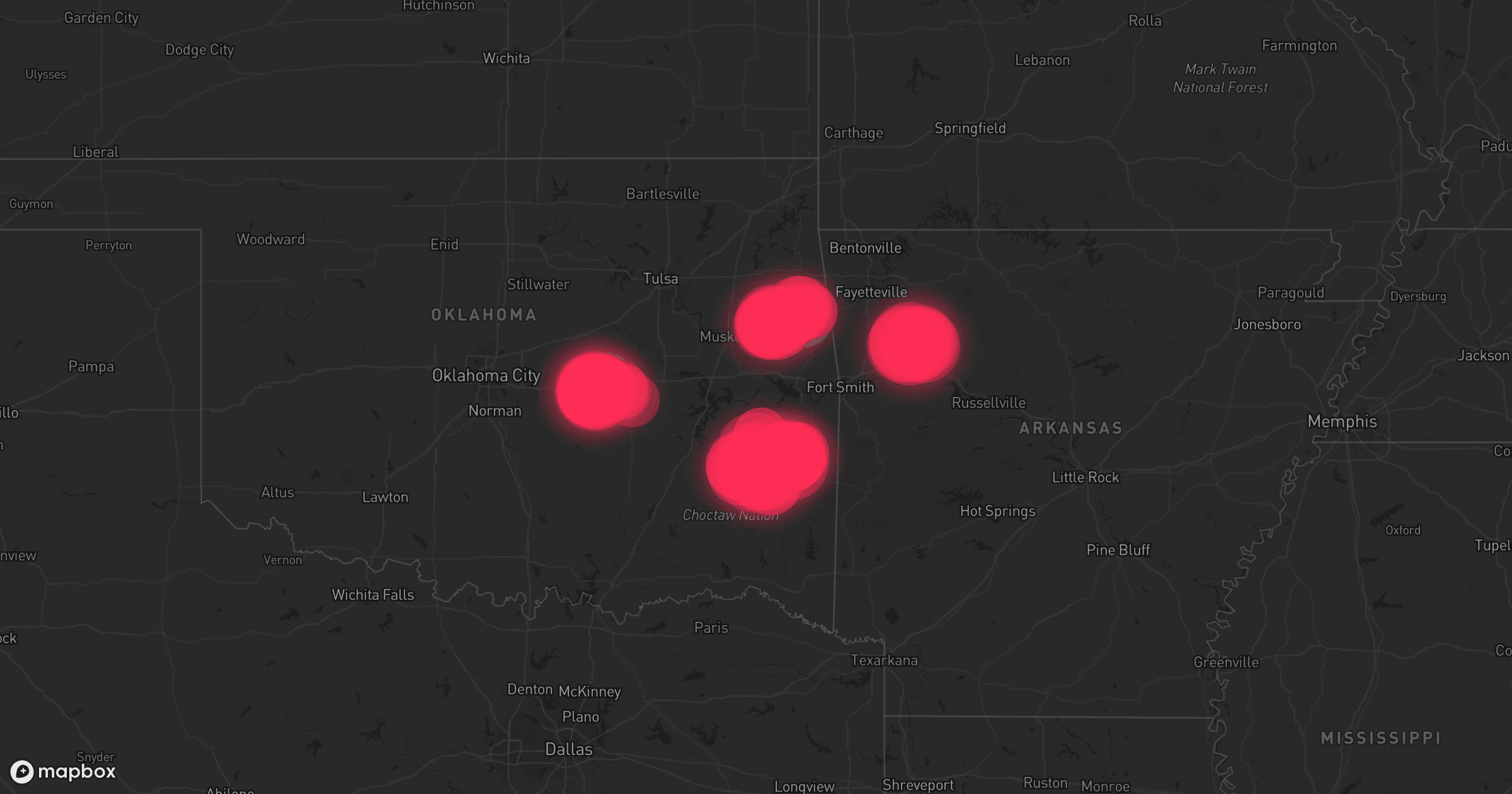 Storm map for 61 areas across Oklahoma, Arkansas, Texas, and Louisiana