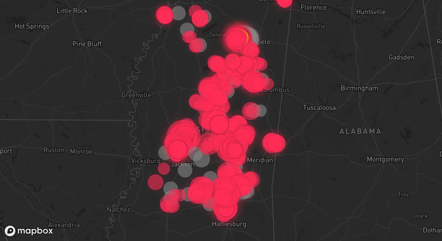 Storm map for 34 areas across Mississippi
