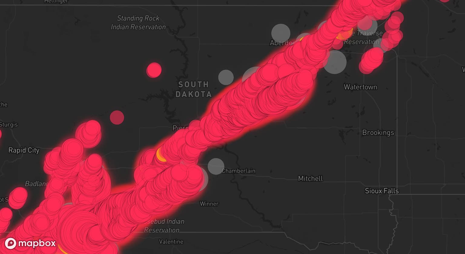 Storm map for 58 areas across South Dakota, Nebraska, Minnesota, Wisconsin, and North Dakota