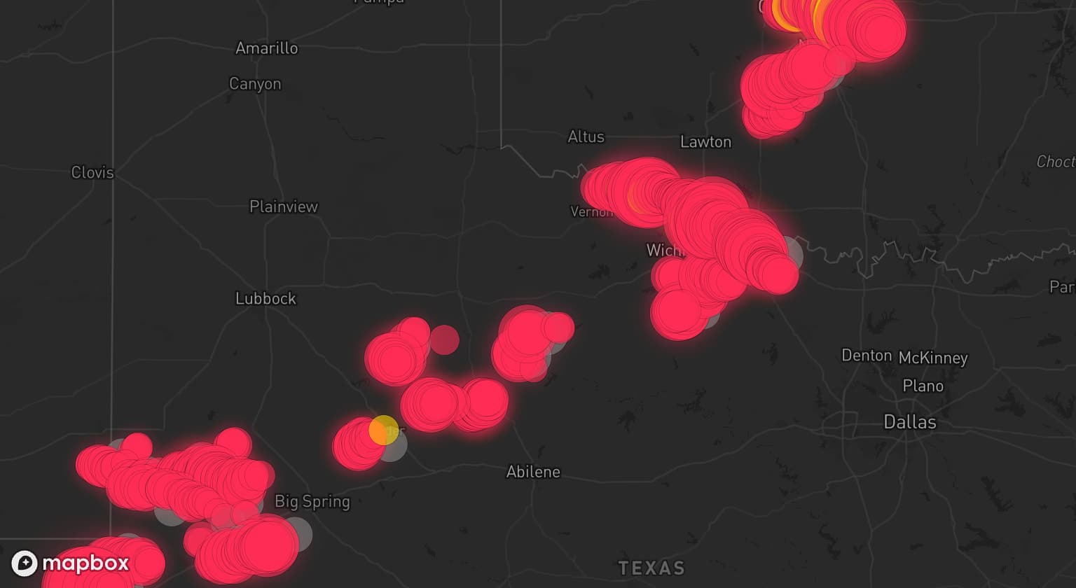 Storm map for 29 areas across Oklahoma and Texas
