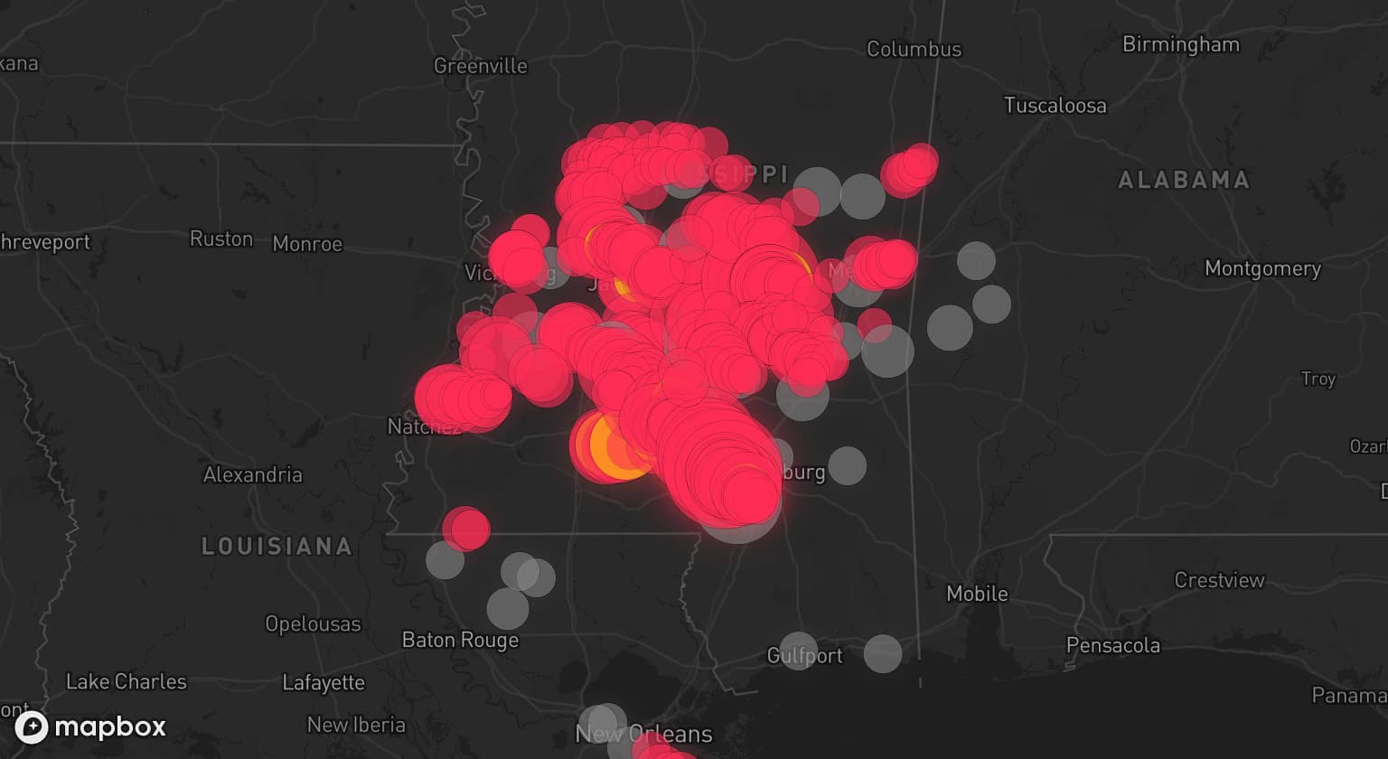 Storm map for 43 areas across Mississippi, Alabama, and Louisiana