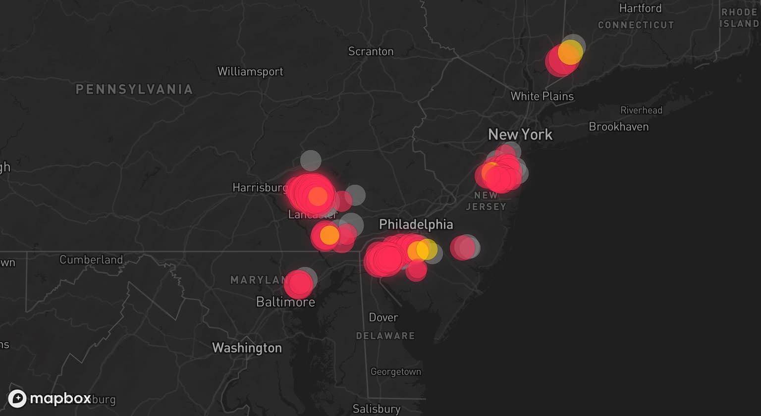 Storm map for 20 areas across Pennsylvania, Maryland, New Jersey, Connecticut, and New York