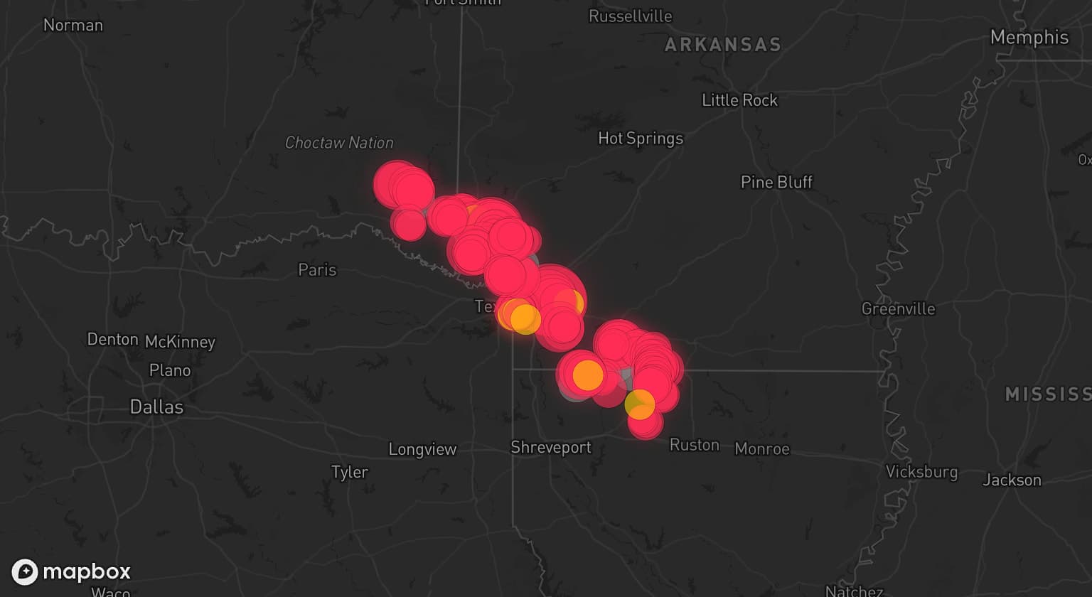 Storm map for 7 areas across Louisiana, Arkansas, and Oklahoma