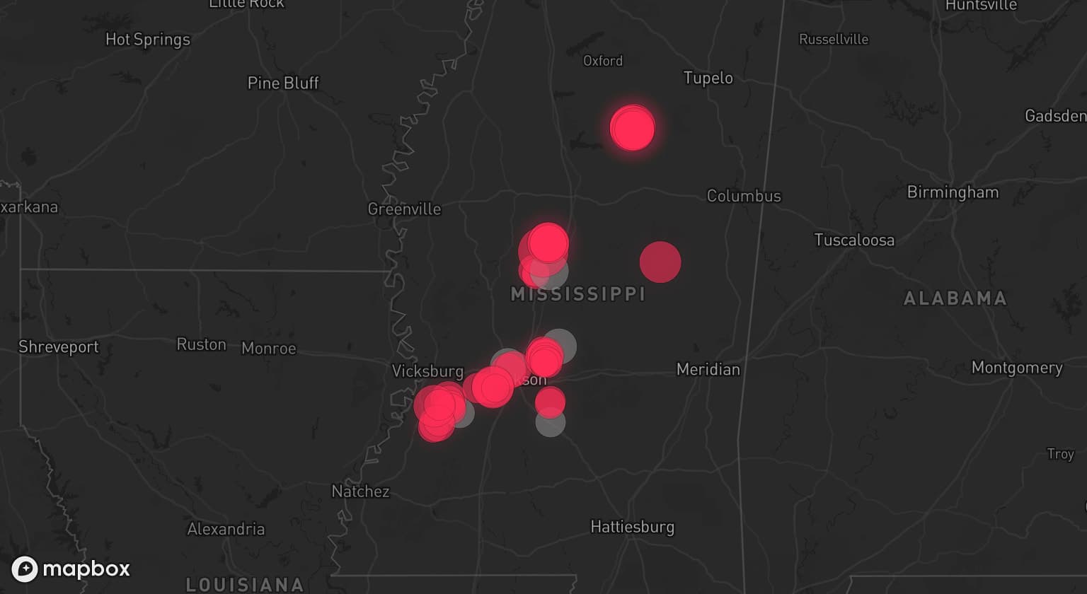 Storm map for 5 areas across Mississippi