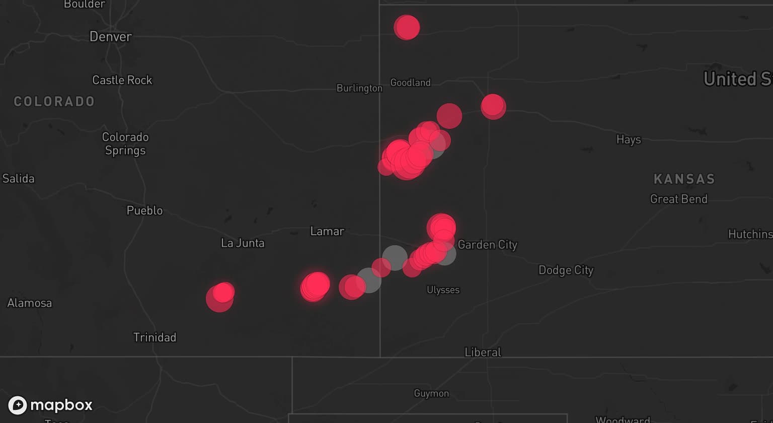 Storm map for 4 areas across Kansas and Colorado