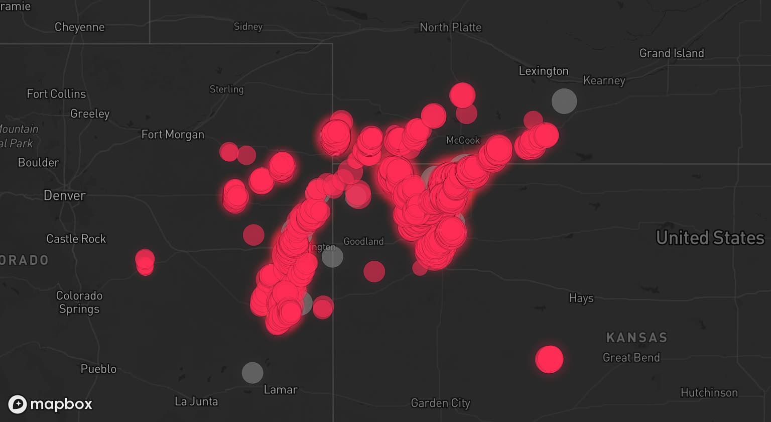 Storm map for 11 areas across Kansas, Colorado, and Nebraska