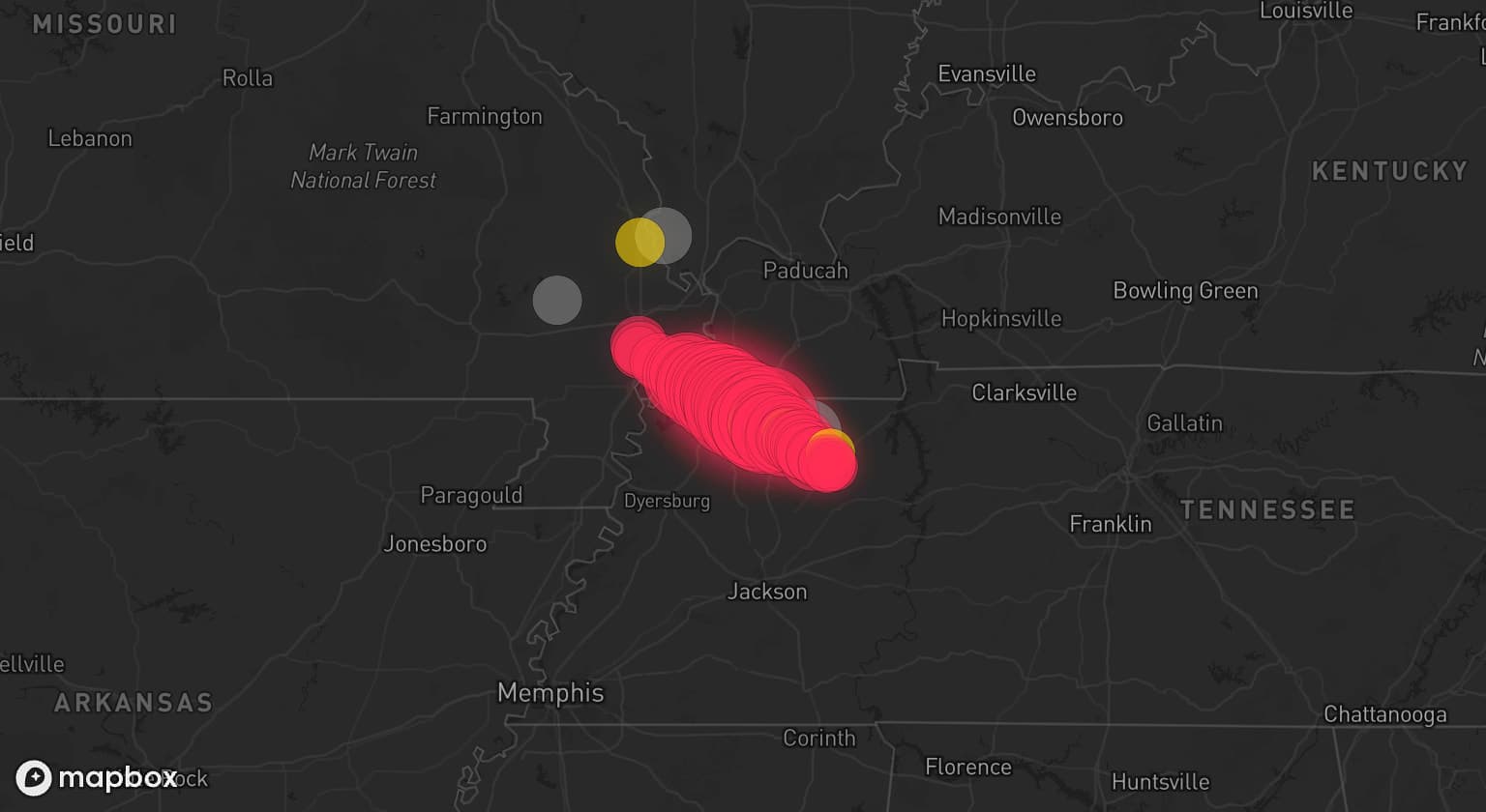Storm map for 5 areas across Tennessee, Kentucky, Illinois, and Missouri