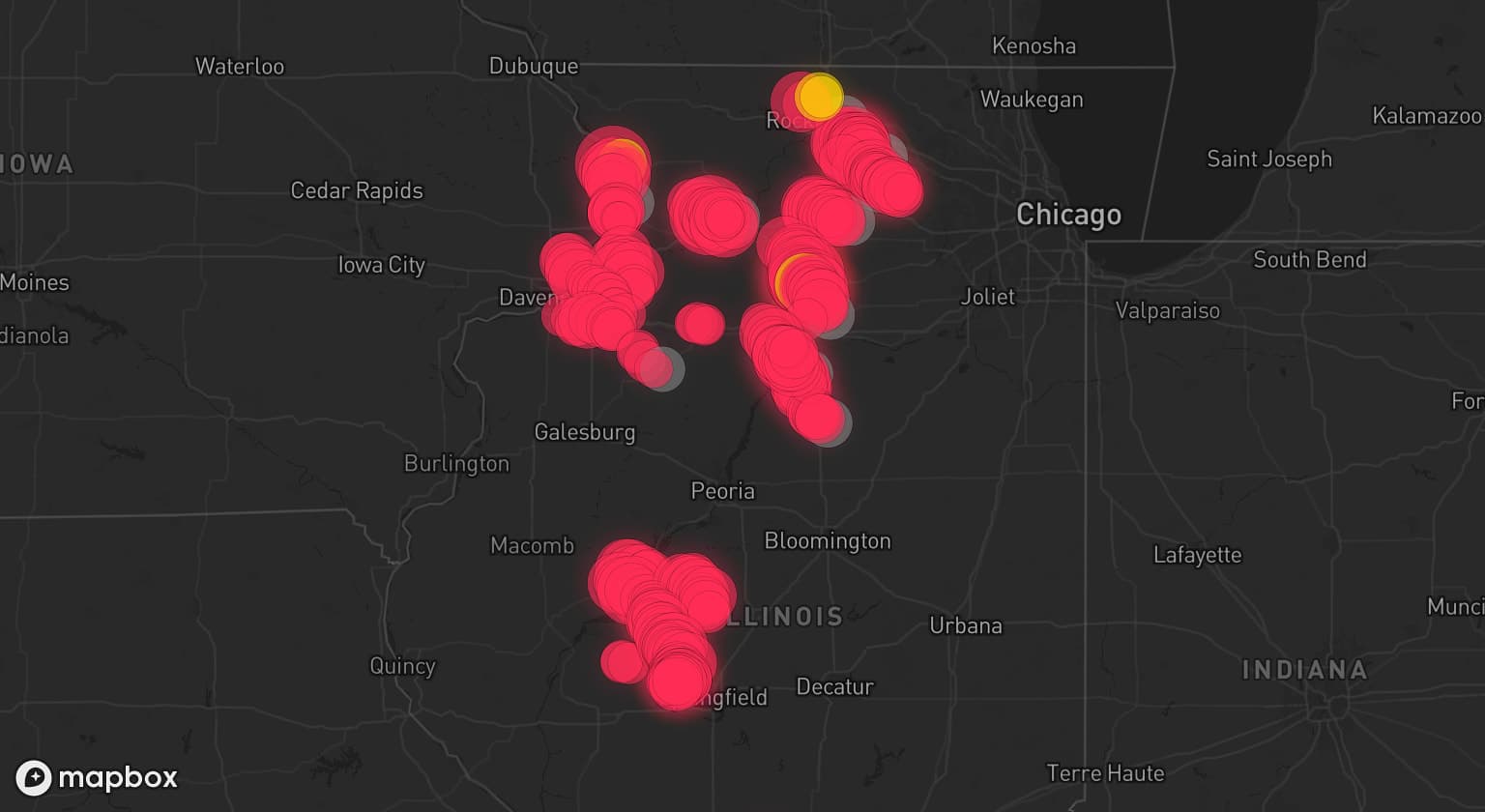 Storm map for 16 areas across Illinois