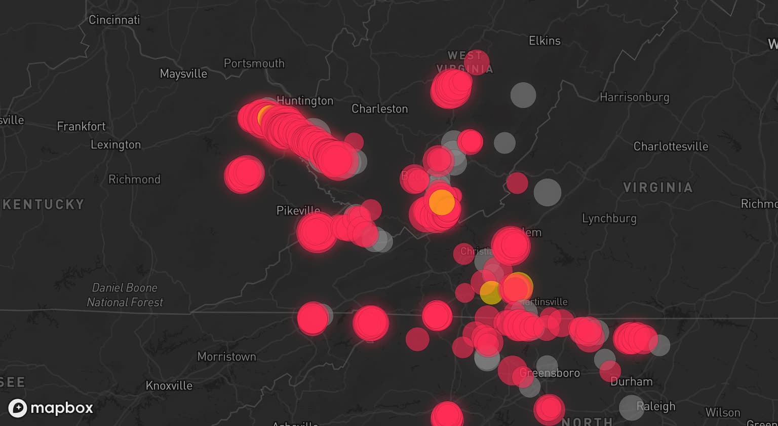 Storm map for 39 areas across West Virginia, Virginia, North Carolina, Kentucky, South Carolina, and Tennessee