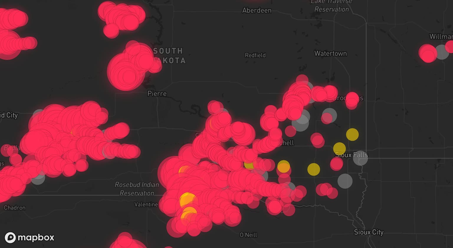Storm map for 65 areas across Nebraska, Michigan, Minnesota, South Dakota, and Wisconsin