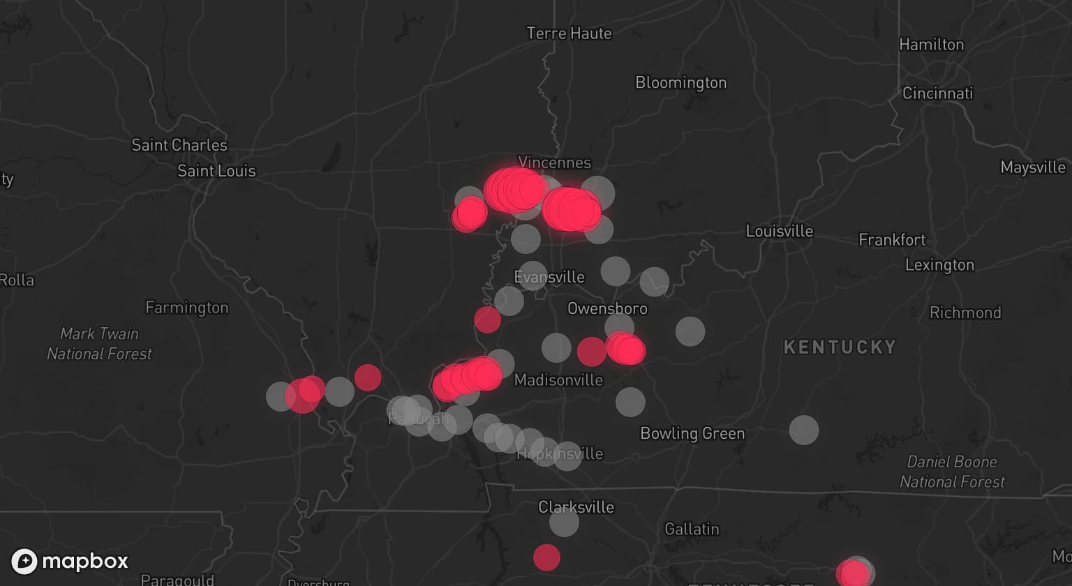 Storm map for 32 areas across Illinois, Indiana, Kentucky, Tennessee, and Missouri