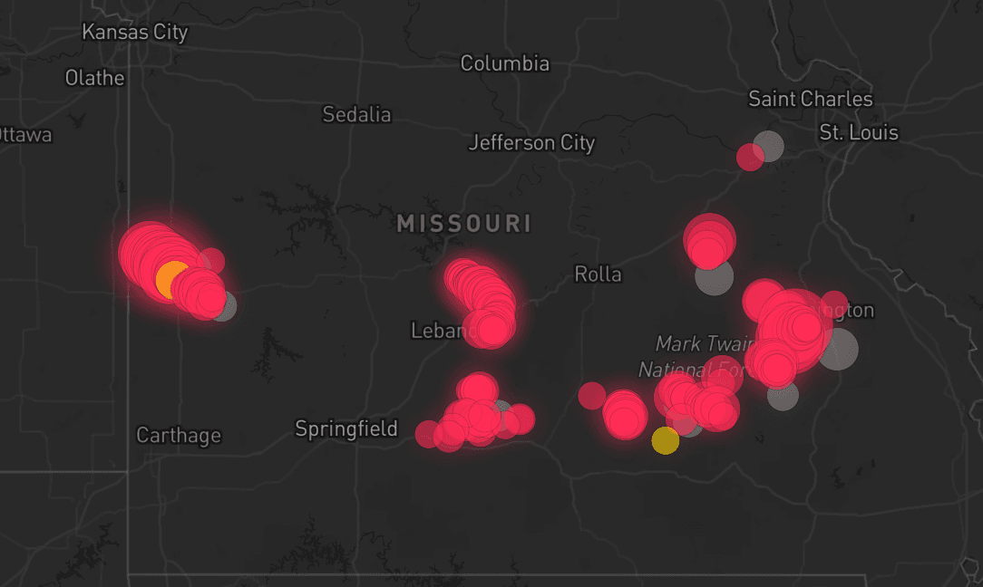 Storm map for 11 areas across Missouri