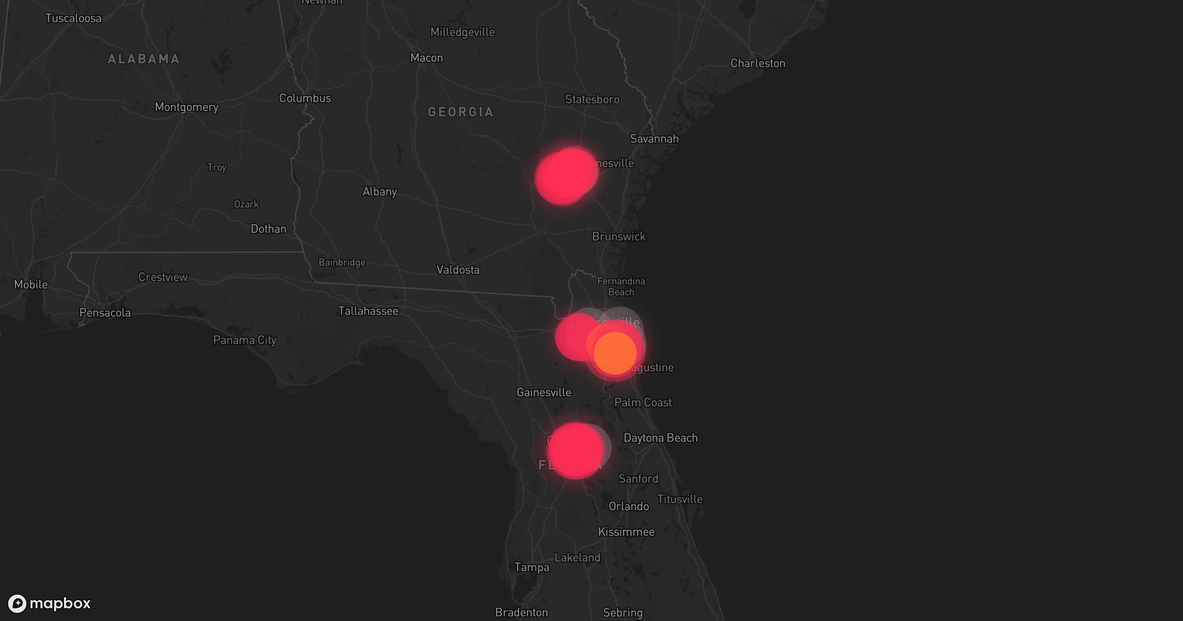 Storm map for 20 areas across North Carolina, South Carolina, Florida, and Georgia