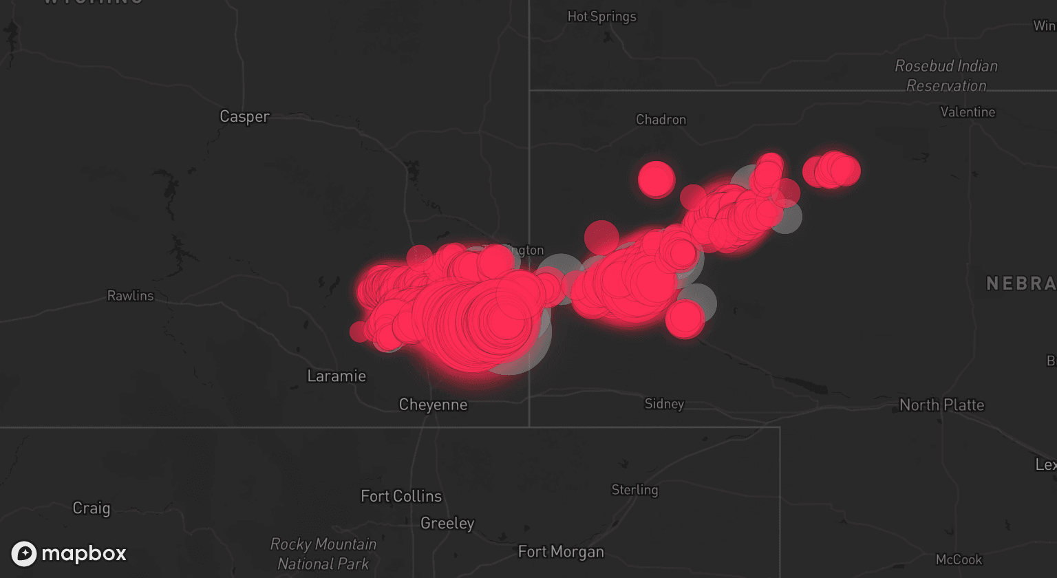Storm map for 12 areas across Wyoming and Nebraska