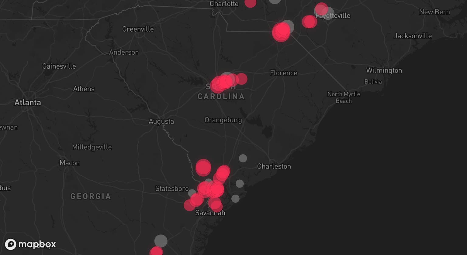 Storm map for 11 areas across South Carolina, North Carolina, and Georgia