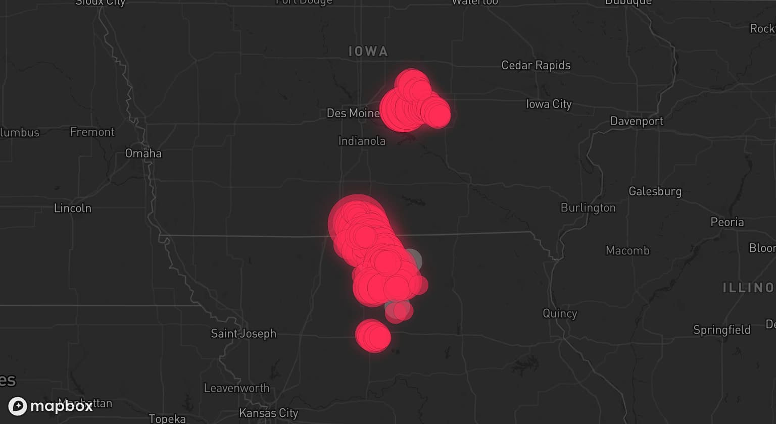 Storm map for 5 areas across Missouri and Iowa