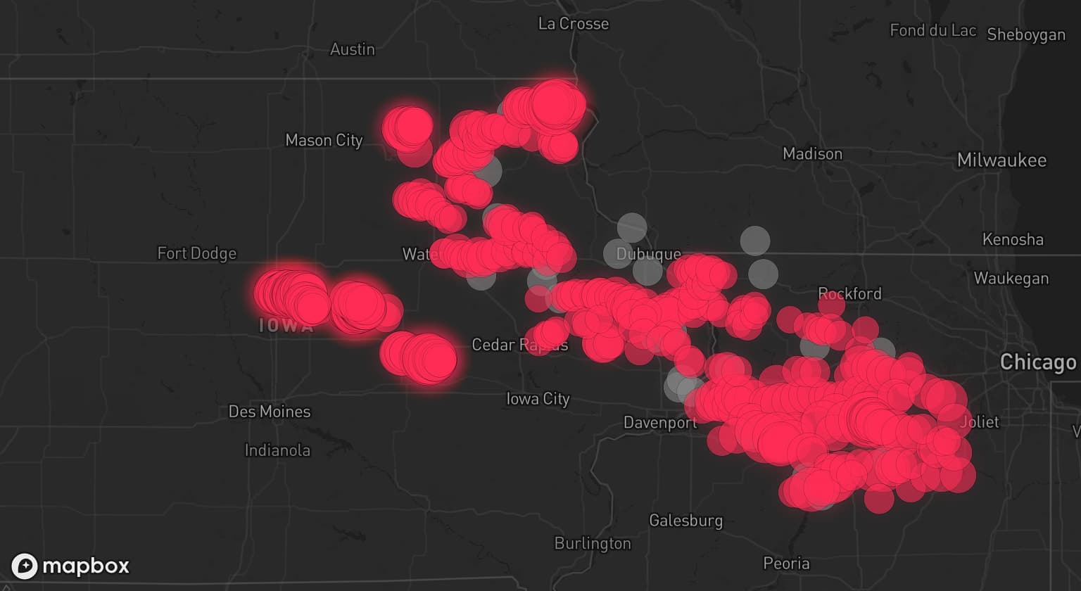 Storm map for 24 areas across Iowa, Illinois, and Wisconsin
