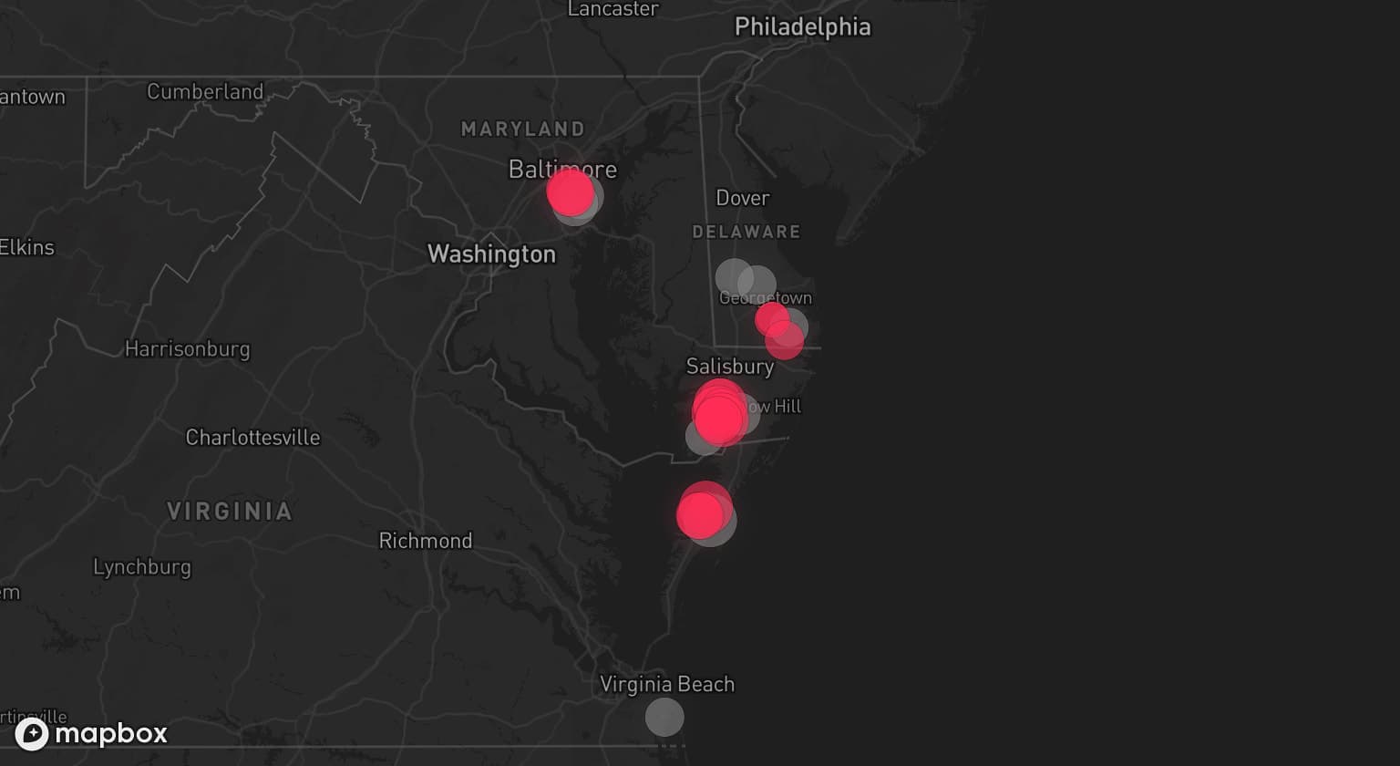 Storm map for 8 areas across Virginia, Maryland, and Delaware