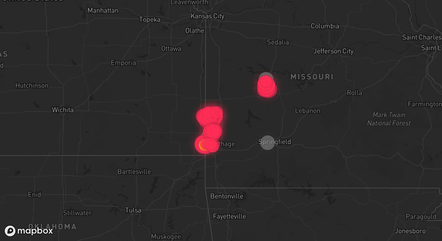 Storm map for 4 areas across Missouri