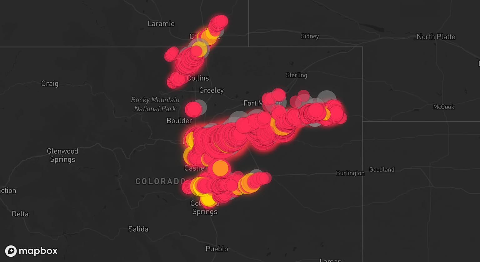 Storm map for 21 areas across Colorado and Wyoming