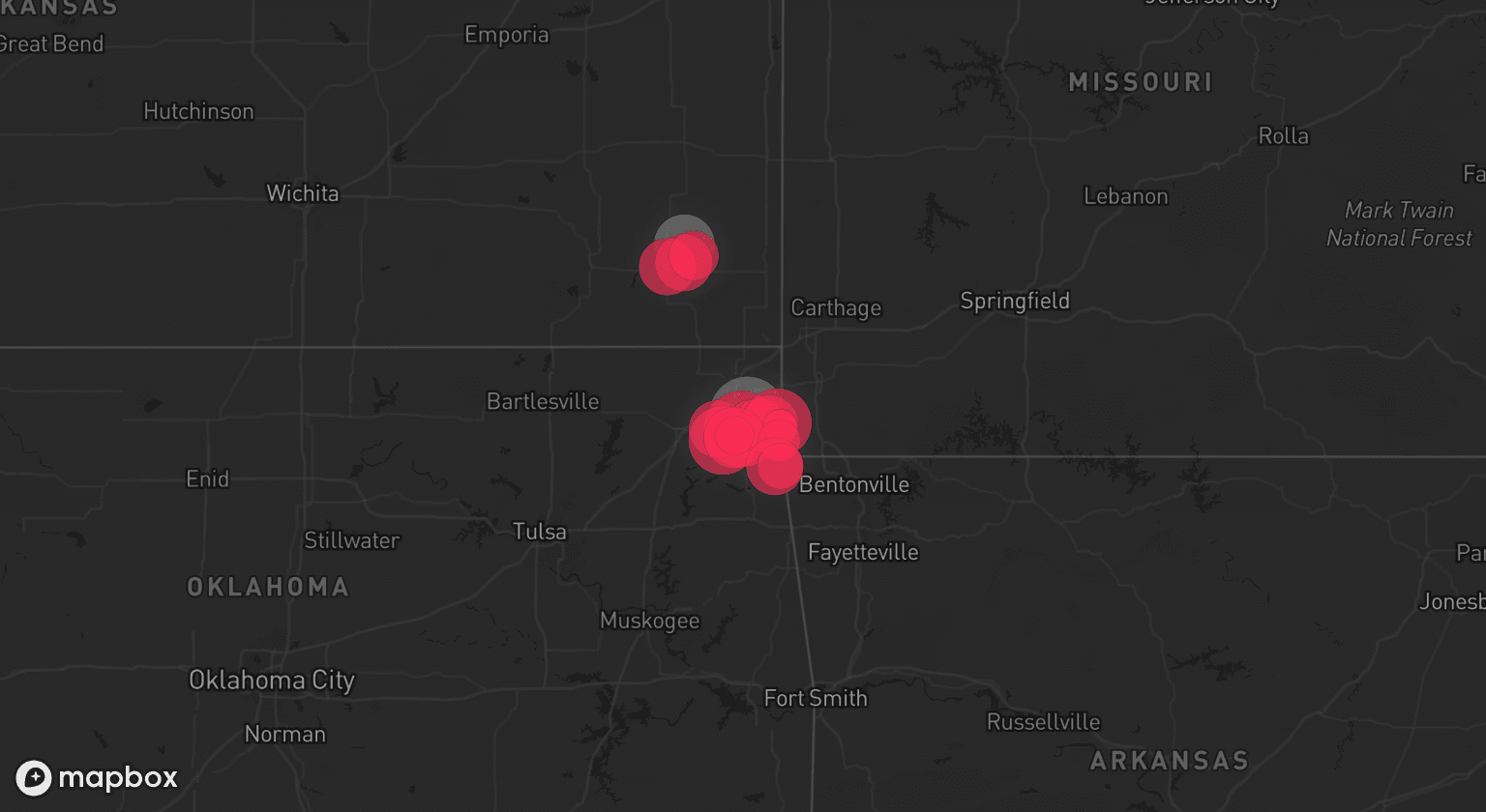 Storm map for 2 areas across Oklahoma and Kansas