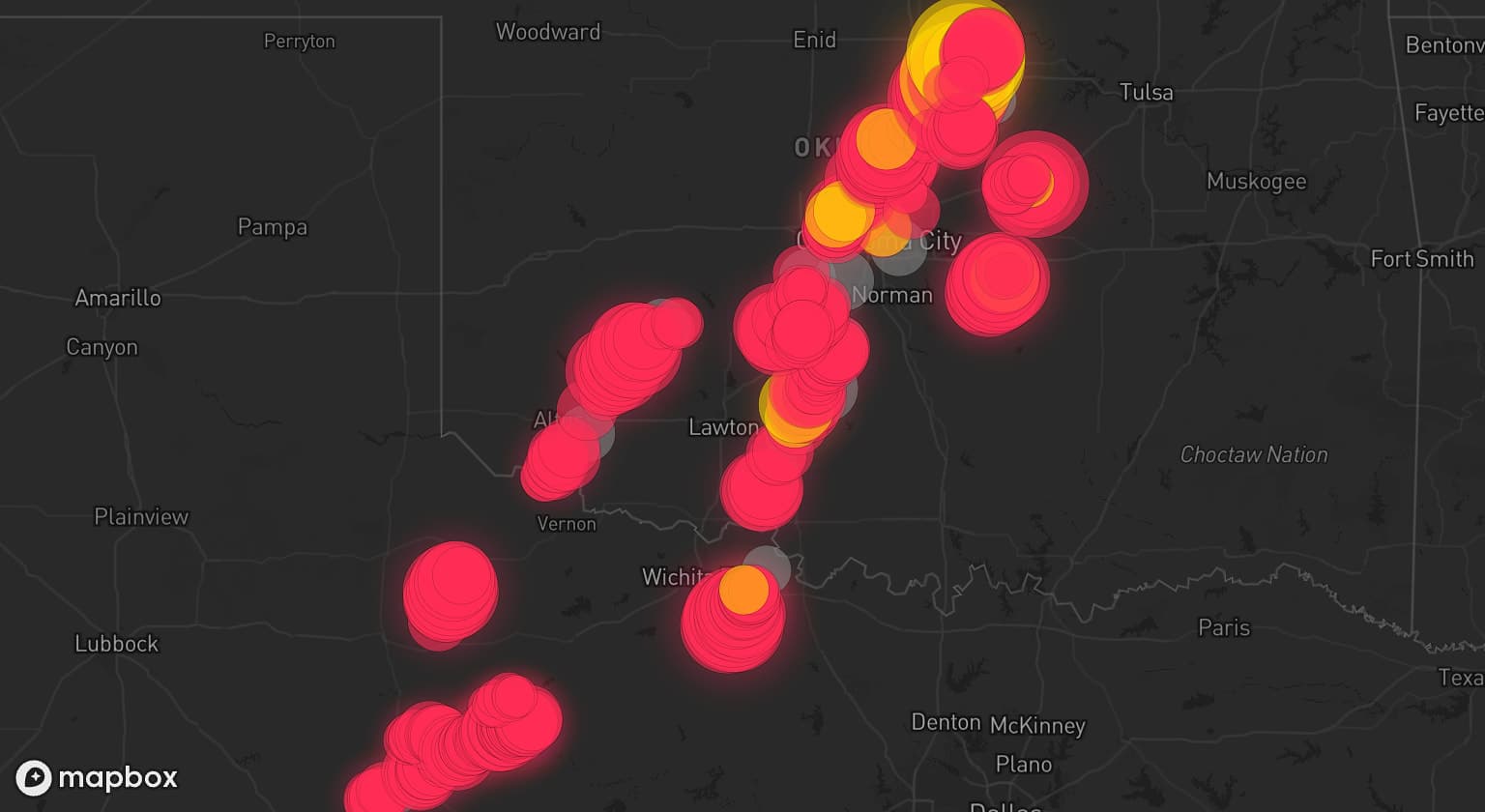 Storm map for 20 areas across Oklahoma and Texas
