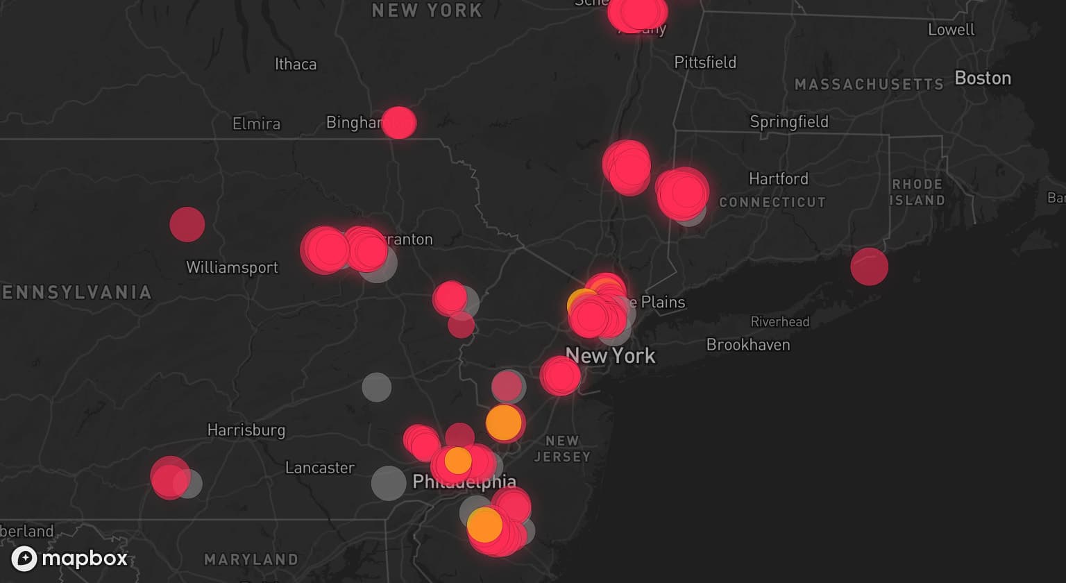 Storm map for 21 areas across Pennsylvania, New York, New Jersey, and Connecticut