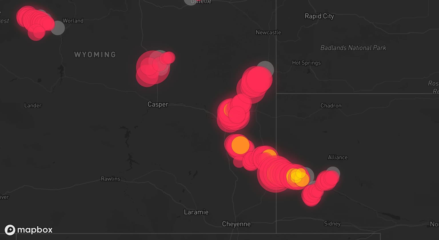 Storm map for 13 areas across Wyoming and Nebraska